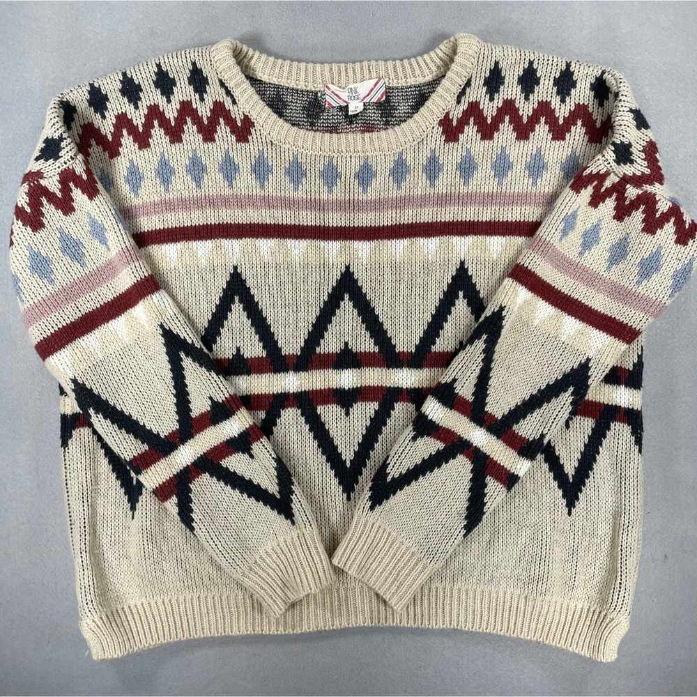 Pink Rose Womens Sweater Crewneck Geometric Tan Acrylic Medium